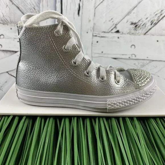 Converse Silver Bedazzled Girl’s Converse High Tops Leather Shoes Size Youth 13 - Picture 3 of 8